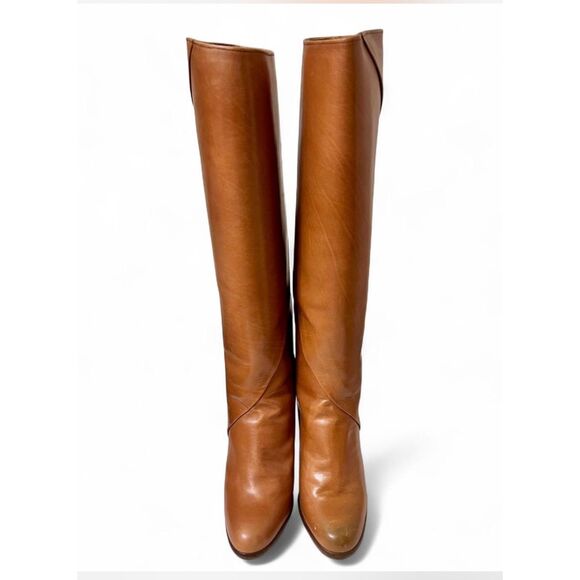 Women's Mullys Vintage Tan Leather Knee High Round Toe Heeled Boots - Size 4 - Picture 3 of 10